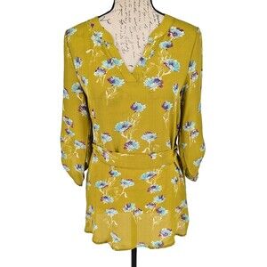 Le Lis Top Blouse Med Mustard Aqua Blue Floral USA Office Casual Modern